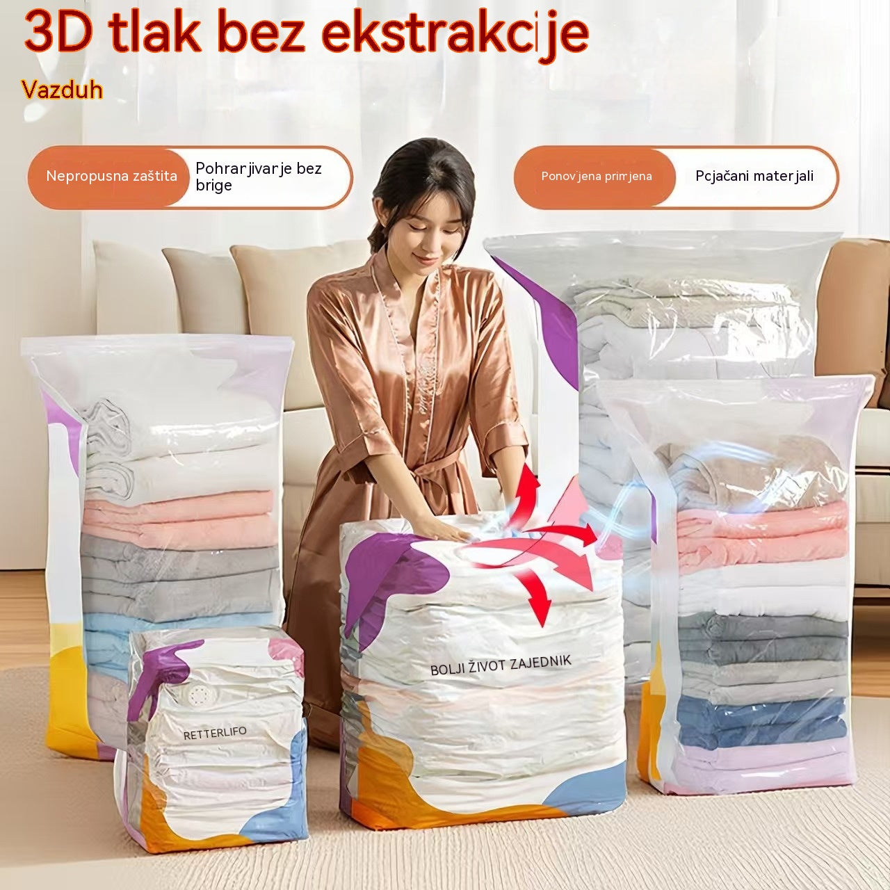 🧳【Set od 5 dijelova】💨 Velika, stlačiva vakuumska vrećica za pohranu: nije potrebna pumpa, nepropusna je i idealna za uštedu prostora u koferima i kod kuće ✈️