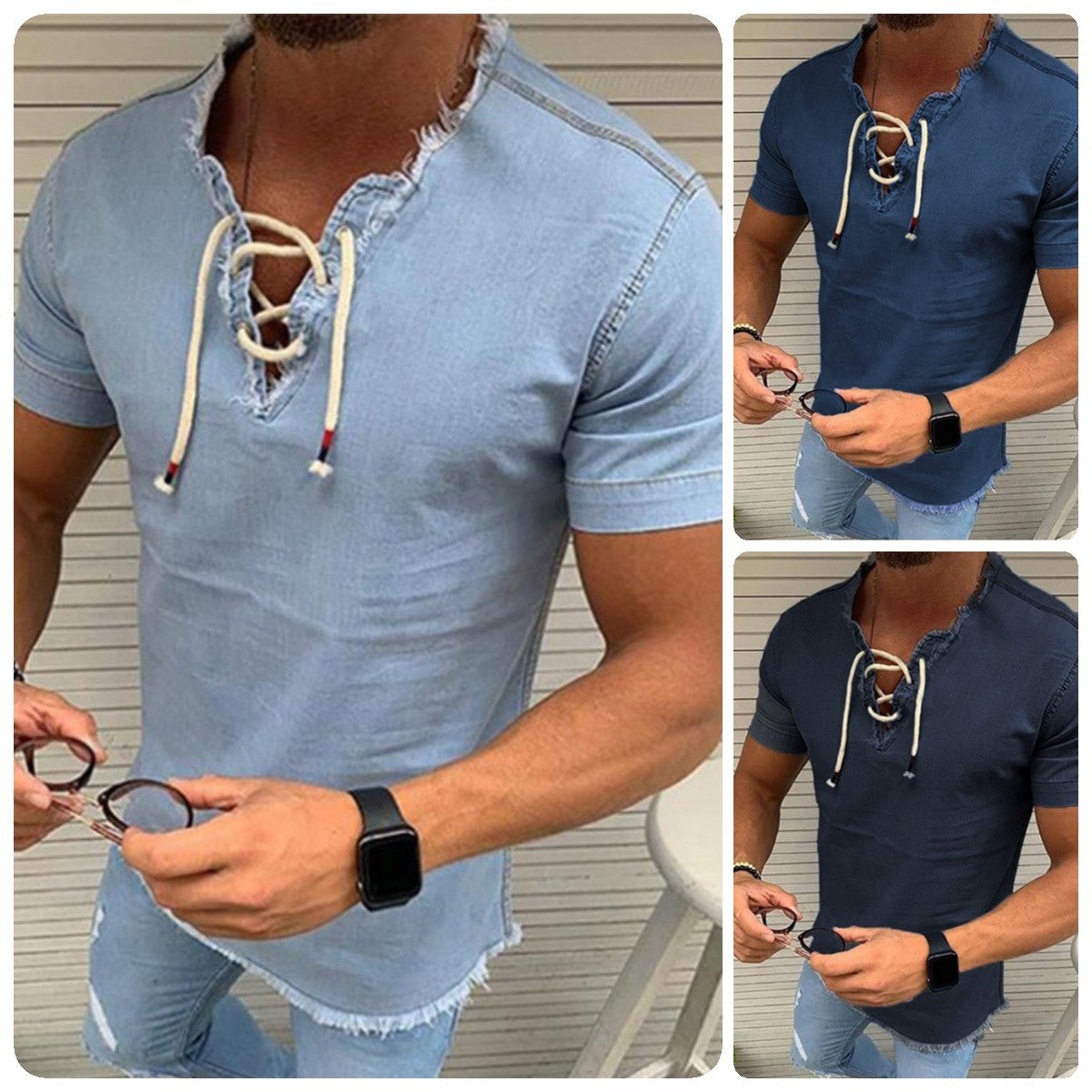 🤠【40-110 kg✨】👔 Duże rozmiary męskich dżinsowych koszul z krótkim rękawem i koronką, wykonane z elastycznego materiału ✅️Płatność przy odbiorze ✅️2 sztuki z 70% rabatem