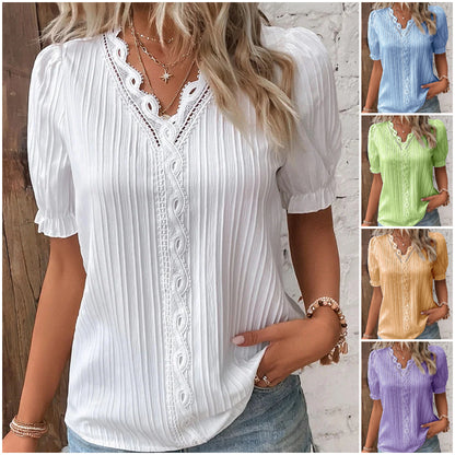✨💕👚【Specjalna cena】🔥[S-5XL] 2025 Lato Nowa moda Casual Jednolity kolor Szyfon Krótki rękaw Koronkowy top