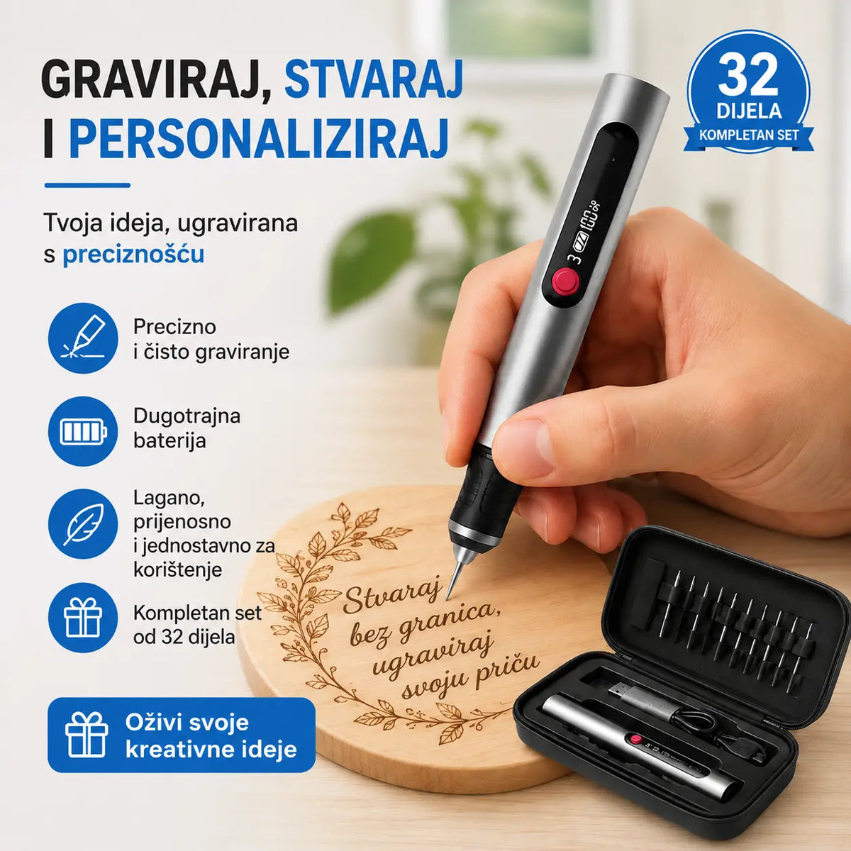 Izdržljiva, punjiva, višefunkcijska litij-ionska olovka za graviranje, namijenjena za ukrašavanje noktiju te električno poliranje i brušenje