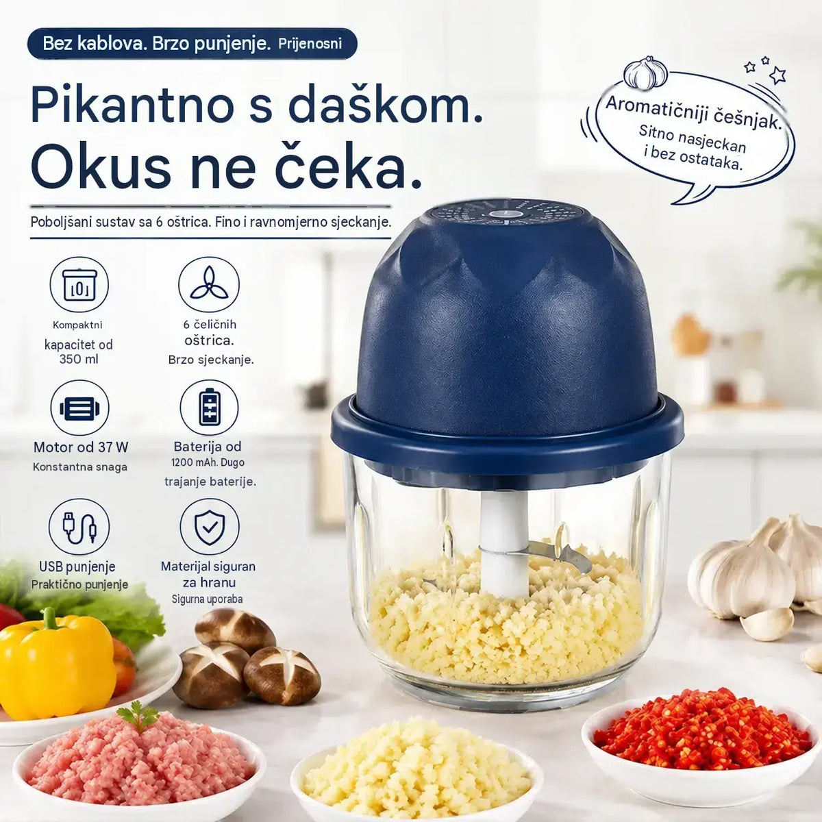 Bežični učinkoviti električni mini sjeckalica za hranu