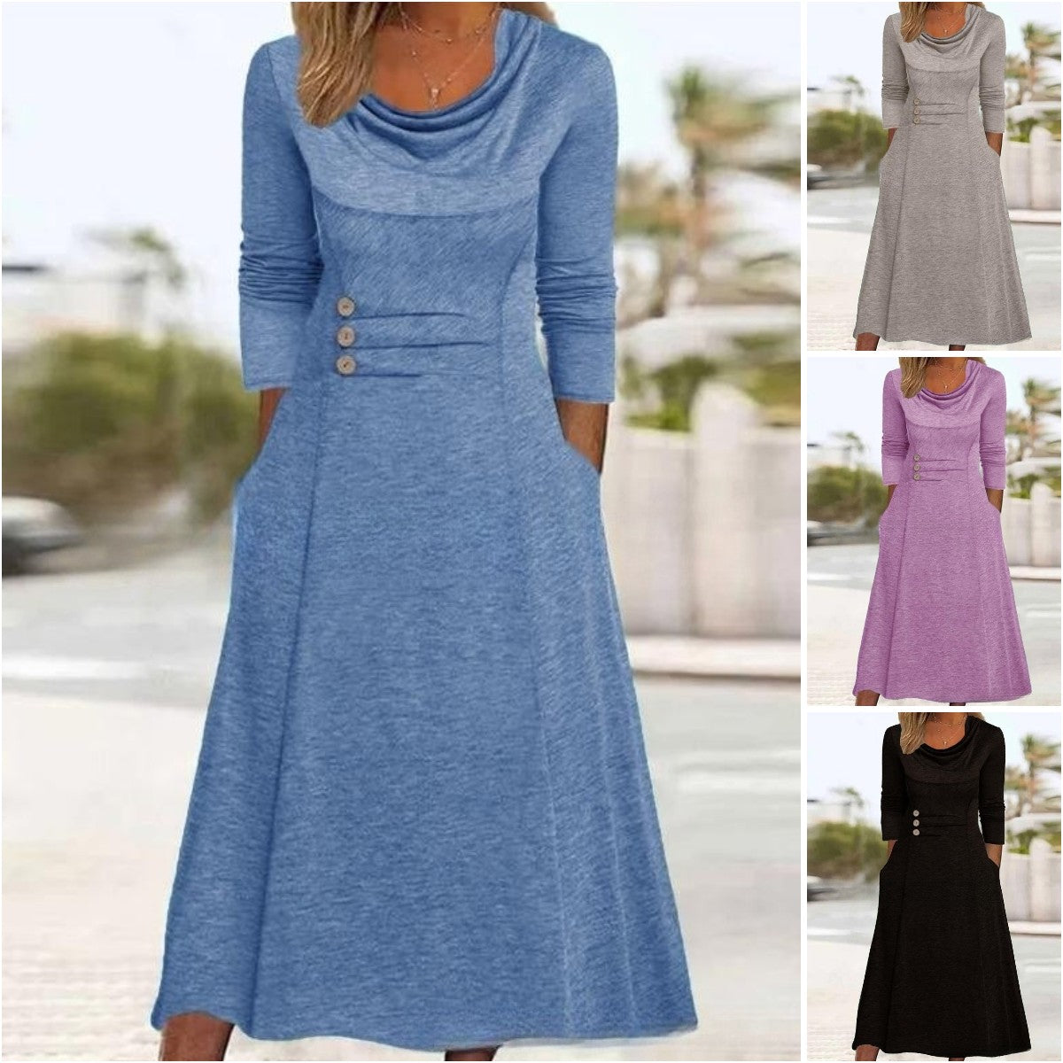 【S-3XL】2024 nowa jesienna sukienka w jednolitym kolorze z okrągłym dekoltem i kieszenią w talii zapinaną na guziki-3768514
