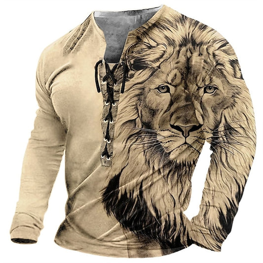 🦁🦁Męski, swobodny T-shirt z długim rękawem i nadrukiem 3D 3750708