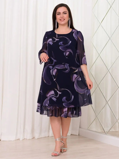 💕【S-5XL】👗Elegancka sukienka z nadrukiem siateczki i rękawami z falbaną 3637061