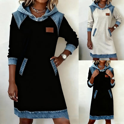 🔥【50% zniżki】🌷🌞 Nowa zimowa, modna, patchworkowa, dżinsowa sukienka z kapturem