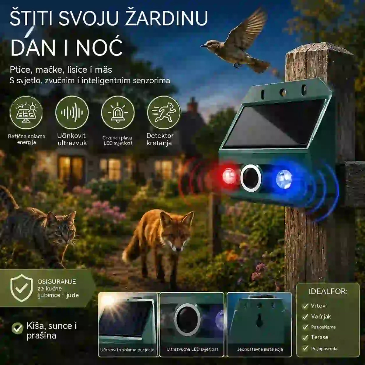 🔥Repelente solar ultrasónico para animales para exteriores: puede ahuyentar pájaros y animales.