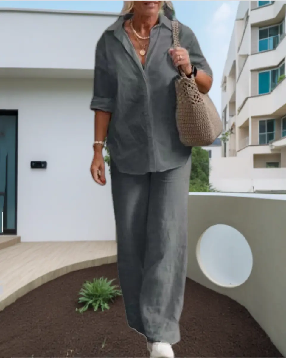 🔥🎉【Top + Pantalones】【S-5XL】Nuevo conjunto de moda, camisa de color liso para mujer + pantalones casuales