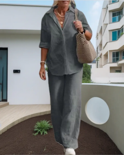 🔥🎉【Top + Pantalones】【S-5XL】Nuevo conjunto de moda, camisa de color liso para mujer + pantalones casuales