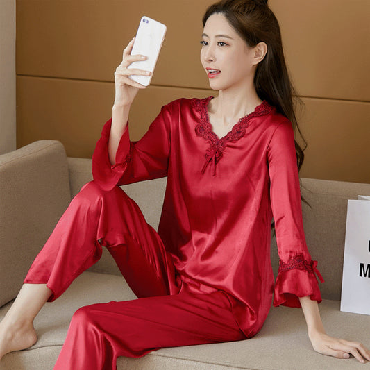 🔥🥼🧦 【S-4XL】 【Gorąca wyprzedaż】 Dwuczęściowy komplet piżam z lodowego jedwabiu 3708921