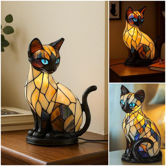 🐱Stolna lampa u obliku mačke, retro noćna lampa, izrađena od obojene smole s uzorkom mačke