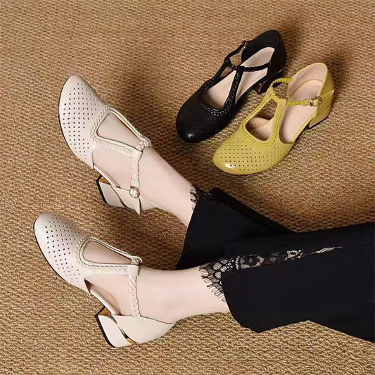 🔥【50% OFF】🔥【35-40】2025 Letnie sandały, gruby obcas, miękka skóra, wydrążone i oddychające, nowy styl