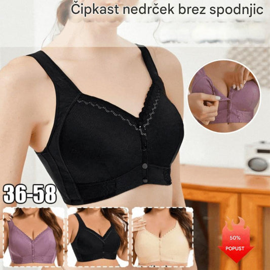 💕 (3 kosi) 🎁 Ženski modrček iz mehke bombažne čipke, zračen in z oporo, zapenjanje spredaj [45 kg–155 kg]