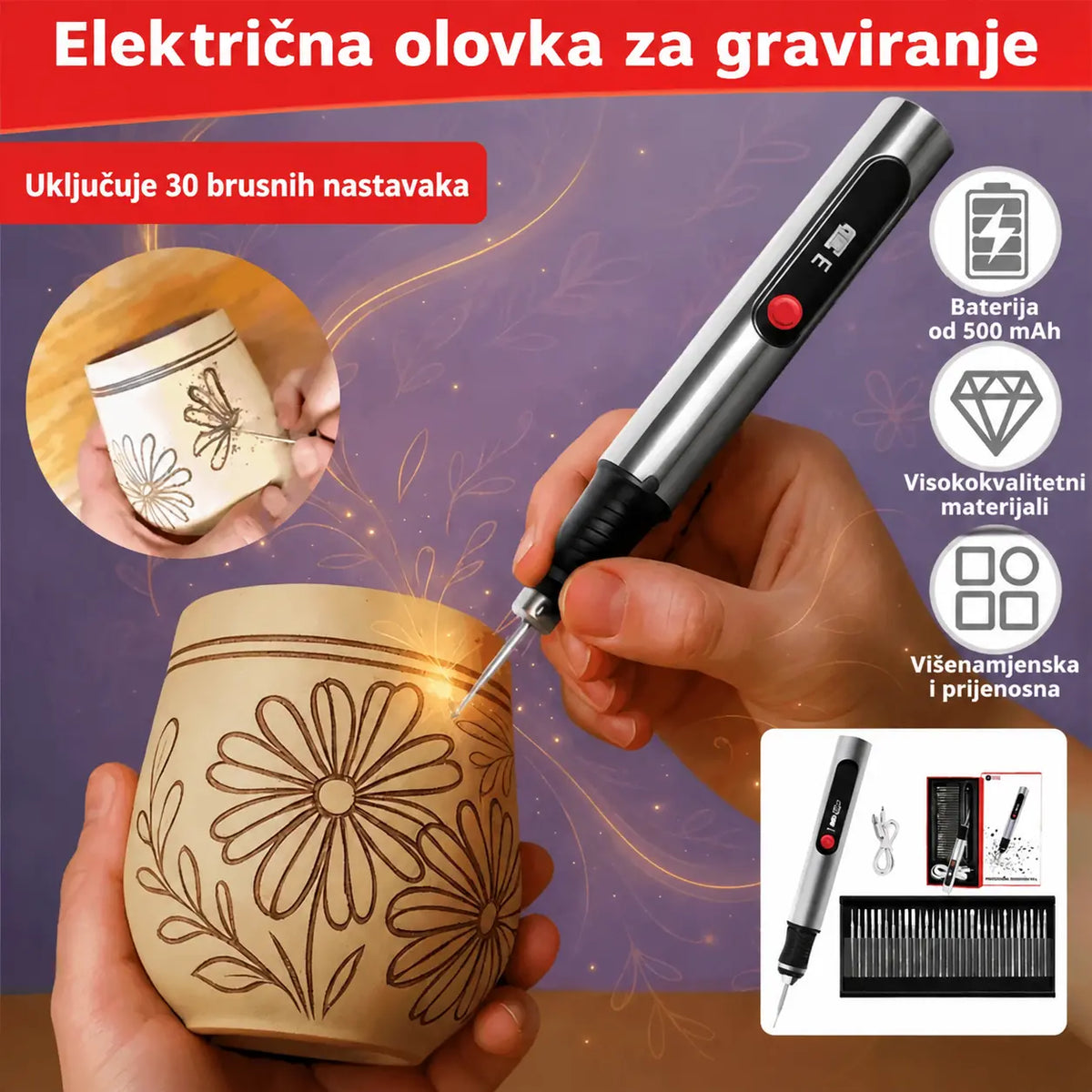 Izdržljiva, punjiva, višefunkcijska litij-ionska olovka za graviranje, namijenjena za ukrašavanje noktiju te električno poliranje i brušenje
