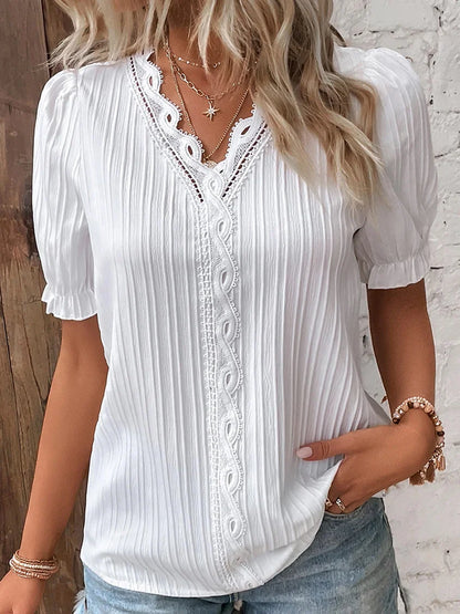 ✨💕👚【Specjalna cena】🔥[S-5XL] 2025 Lato Nowa moda Casual Jednolity kolor Szyfon Krótki rękaw Koronkowy top