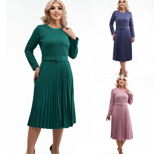 ✨【S-5XL】👗Jesień i zima 2025, nowa, modna, elegancka, wysokiej jakości plisowana sukienka w jednolitym kolorze-3860893
