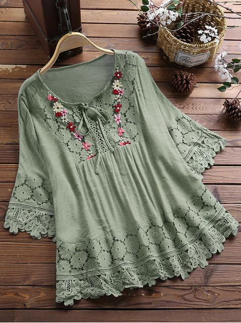 ❤️🔥🌸【S-5XL】Damska luźna koszula z koronką, dekoltem w serek, w jednolitym kolorze 3918266