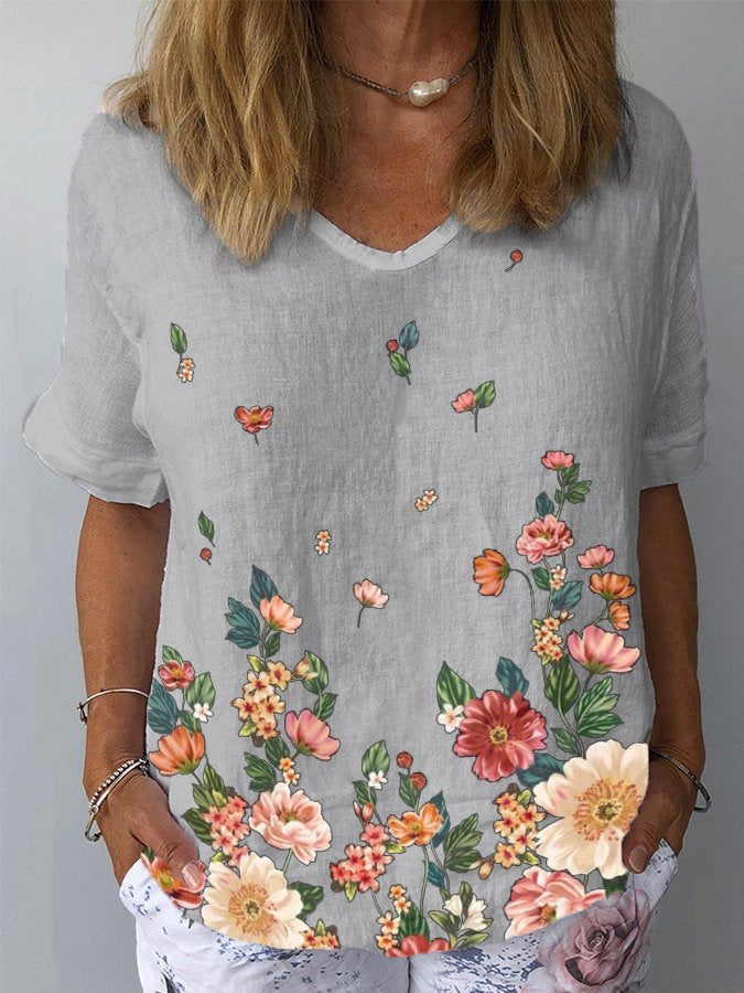 【S-5XL】🌈T-shirt z krótkim rękawem i bawełnianą lnianą nadrukiem w kwiaty 3634758
