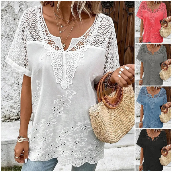 💝 Damska koronkowa koszulka z krótkim rękawem i dekoltem w kształcie litery V 2024-3649781