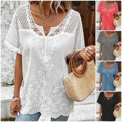 💝 Damska koronkowa koszulka z krótkim rękawem i dekoltem w kształcie litery V 2024-3649781