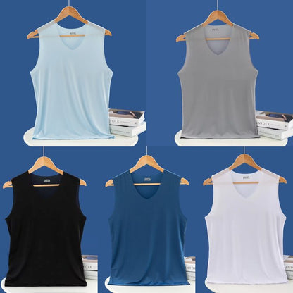 ❄️🆒【Kup 3, otrzymaj 2 gratis – razem 5 sztuk 🔥】【L–5XL】Letni męski podkoszulek z jedwabiu lodowego, bezszwowy, cienki fason, duże rozmiary