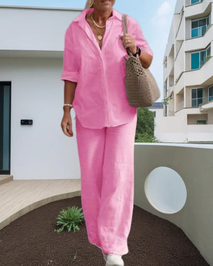 🔥🎉【Top + Pantalones】【S-5XL】Nuevo conjunto de moda, camisa de color liso para mujer + pantalones casuales