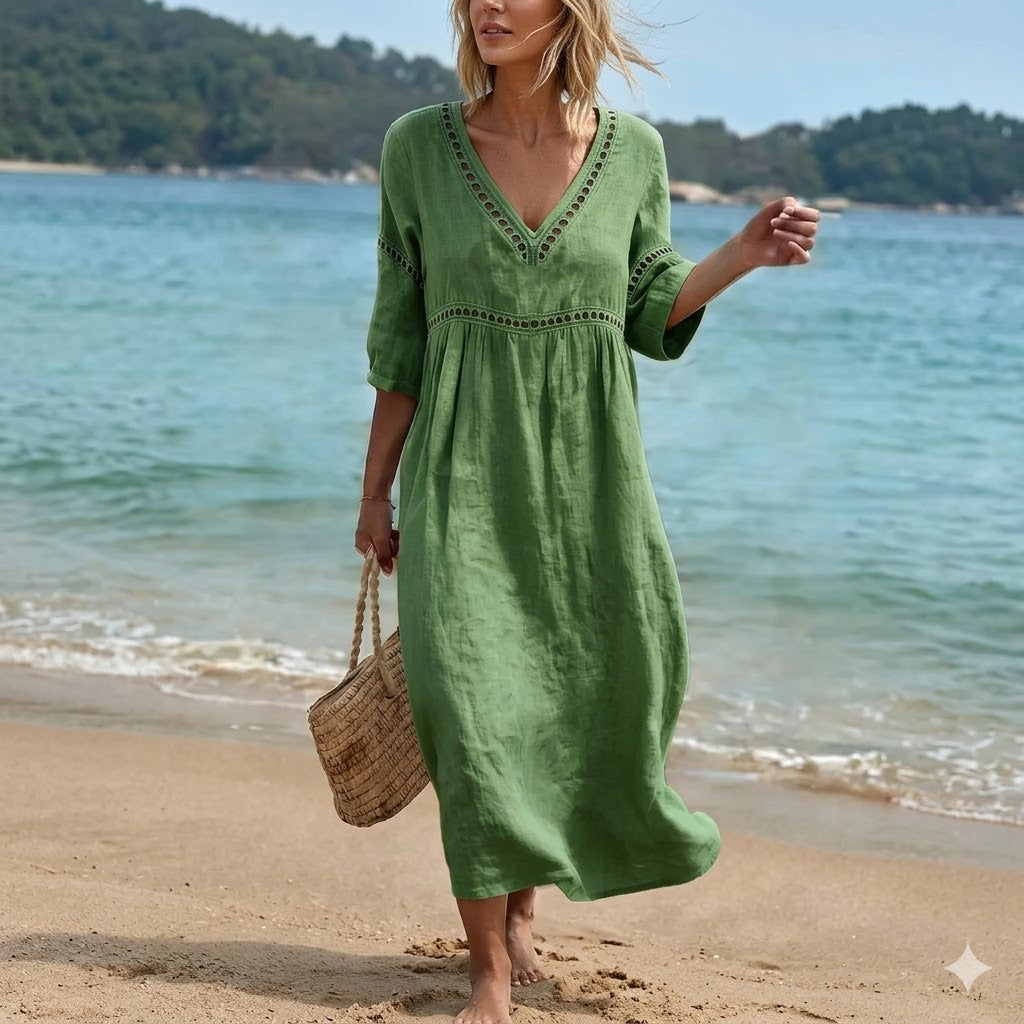 👗【S-3XL】Letnia modna sukienka z bawełny i lnu z dekoltem w serek, przewiewna, wygodna i niekrępująca ruchów
