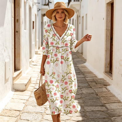 👗【S-3XL】Długa sukienka z bawełny i lnu z kwiatowym nadrukiem, letni styl, dekolt w serek, wyraźna talia, luźna i przewiewna, ukrywa niedoskonałości i stylizuje sylwetkę.