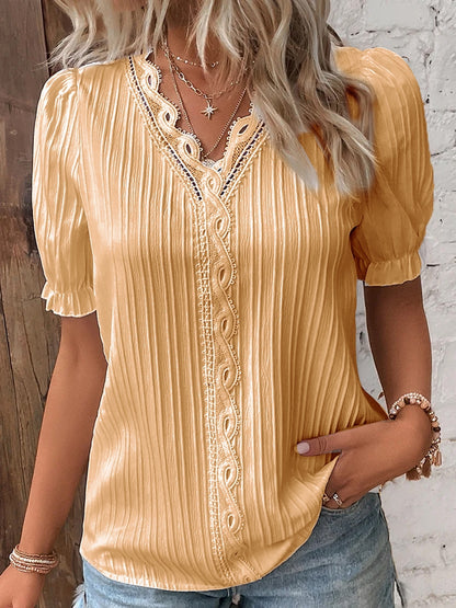 ✨💕👚【Specjalna cena】🔥[S-5XL] 2025 Lato Nowa moda Casual Jednolity kolor Szyfon Krótki rękaw Koronkowy top