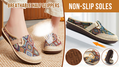 【35-41】Klapki damskie z haftowaną lnianą miękką podeszwą 3635588