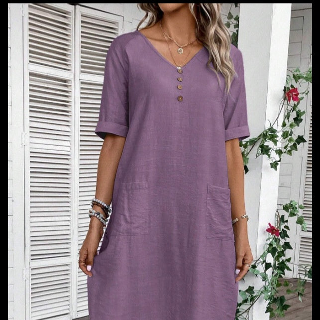 👗🌹Posebna ponuda zadnjeg dana🎁✨【S-2XL】Ženska haljina od pamuka i lana s puf rukavima i gumbima