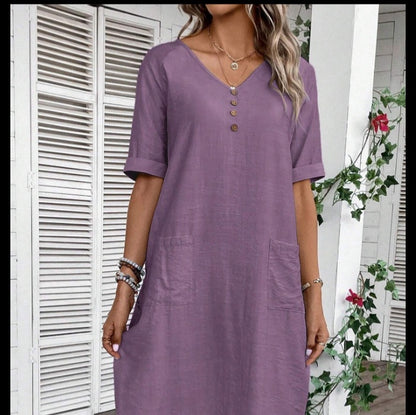 👗🌹Posebna ponuda zadnjeg dana🎁✨【S-2XL】Ženska haljina od pamuka i lana s puf rukavima i gumbima