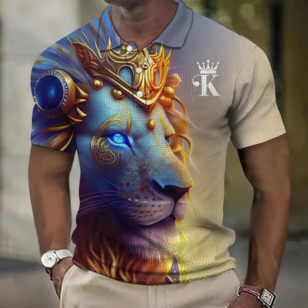 【S-6XL】Męska koszulka polo z lwem z nadrukiem 3D 3714239