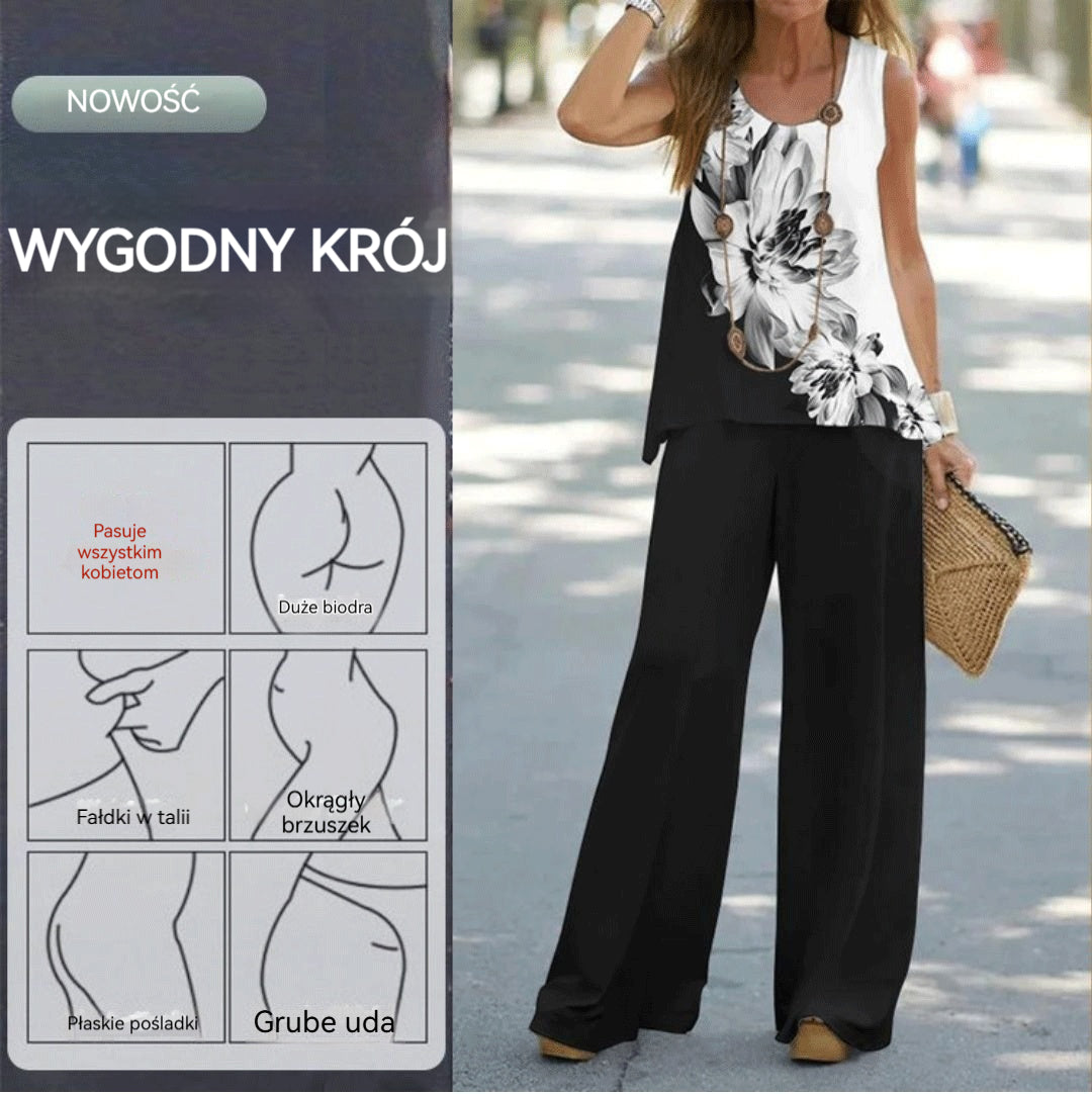 🌸【Bluzka + spodnie】 Modny swobodny zestaw bez rękawów z nadrukiem