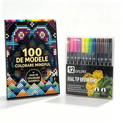 🛍️ Set antistres bojanki "100 uzoraka za svjesno bojanje" 🎨 Bojanje po brojevima za odrasle i starije osobe | 100 uzoraka (cvijeće, mandale) + set markera uključen, trening mozga i opuštanje
