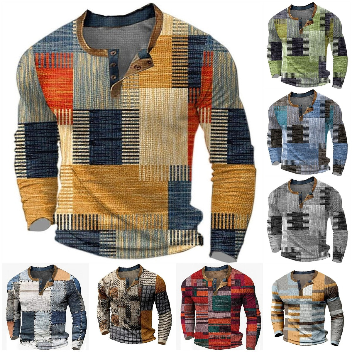 👔【S-4XL】Nova muška Henley košulja dugih rukava – moderna majica s 3D digitalnim printom