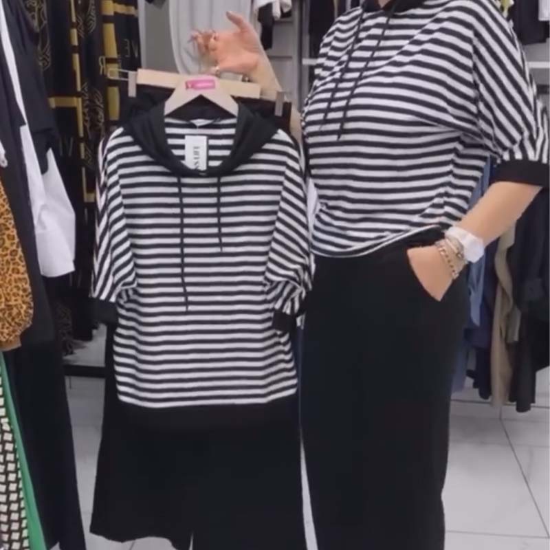 💖Promocja ograniczona czasowo: Modny zestaw damski – bluzka w paski + jednokolorowe spodnie, przyjazny dla skóry, oddychający i miękki.