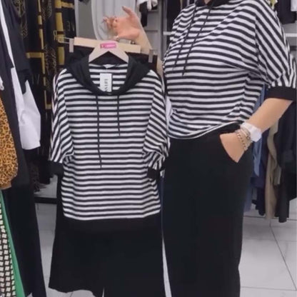💖Promocja ograniczona czasowo: Modny zestaw damski – bluzka w paski + jednokolorowe spodnie, przyjazny dla skóry, oddychający i miękki.