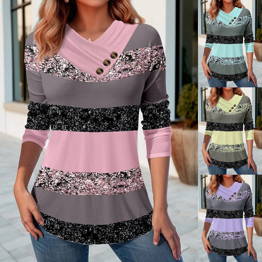 ✨ 【S-5XL】 Nowy, kontrastowy kolorowy top z dekoltem w kształcie litery V, z długim rękawem dla kobiet, jesienno-zimowa3811868