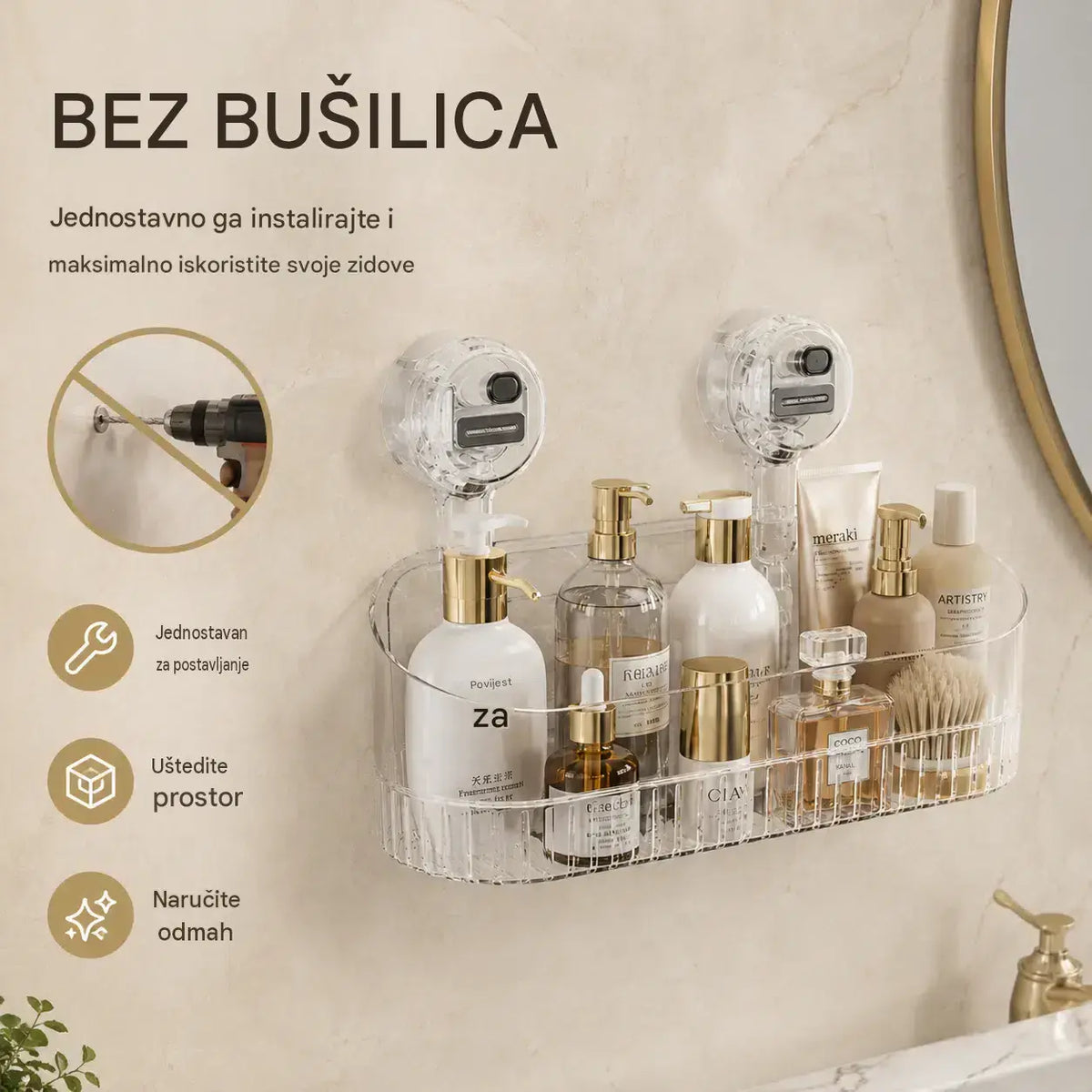 🍽️🧺🔥Posebna ponuda🔥Stalak za pohranu s vakuumskim čašicama, bez bušenja, zidni ocjeđivač posuđa, pogodan za kuhinje i kupaonice.