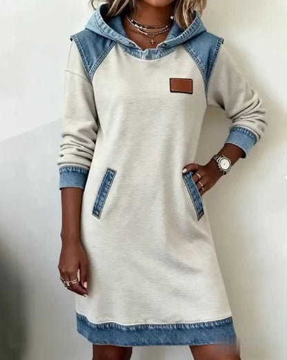 🔥【50% zniżki】🌷🌞 Nowa zimowa, modna, patchworkowa, dżinsowa sukienka z kapturem