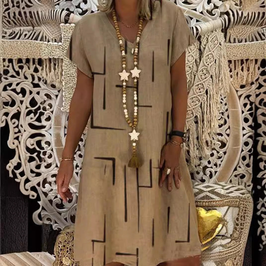 🥻🌲【S-5XL】Nowa sukienka z nadrukiem z dekoltem w serek, wykonana z bawełny i lnu: przyjazna dla skóry i miękka