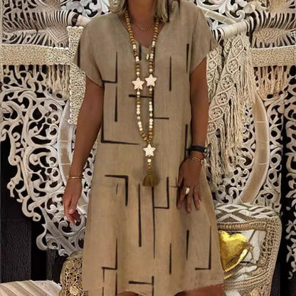 🥻🌲【S-5XL】Nowa sukienka z nadrukiem z dekoltem w serek, wykonana z bawełny i lnu: przyjazna dla skóry i miękka