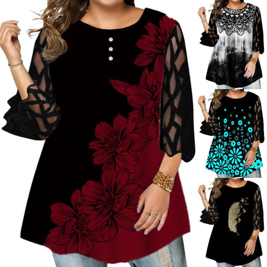 💥👚[Promocja ograniczona czasowo]🌹💖 [L-6XL] 2025 nowe damskie bluzki z okrągłym dekoltem i nadrukiem, z długimi rękawami - koronkowe krótkie rękawy - duży rozmiar luźny