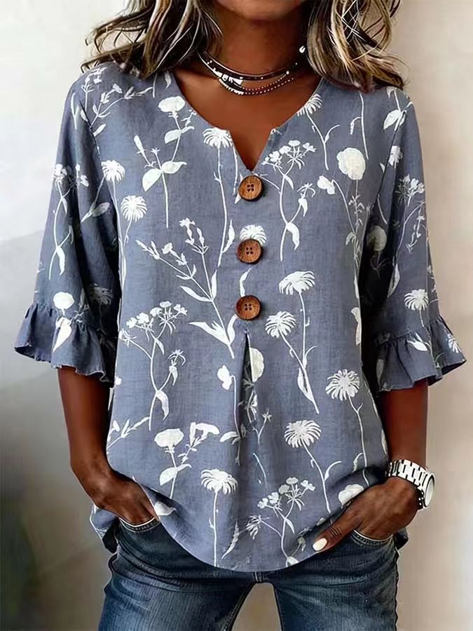 👚🌹[S-5XL] Nova ženska košulja s V-izrezom i volanima — mješavina pamuka i lana s gumbima: jednostavna i elegantna.