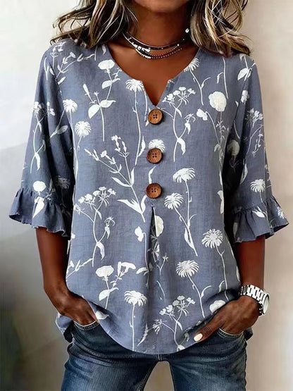 👚🌹[S-5XL] Nova ženska košulja s V-izrezom i volanima — mješavina pamuka i lana s gumbima: jednostavna i elegantna.