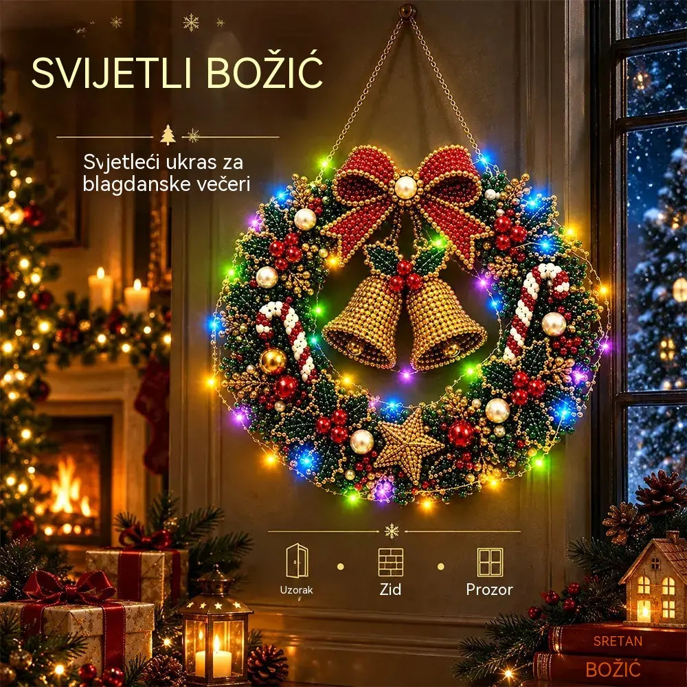 🎄 Božićni vijenac „uradi sam” s dijamantima, biserima i LED lampicama! Izdržljiva akrilna podloga · 9 blagdanskih motiva · Savršen ukras za vrata, zidove i prozore · Poklon od srca!