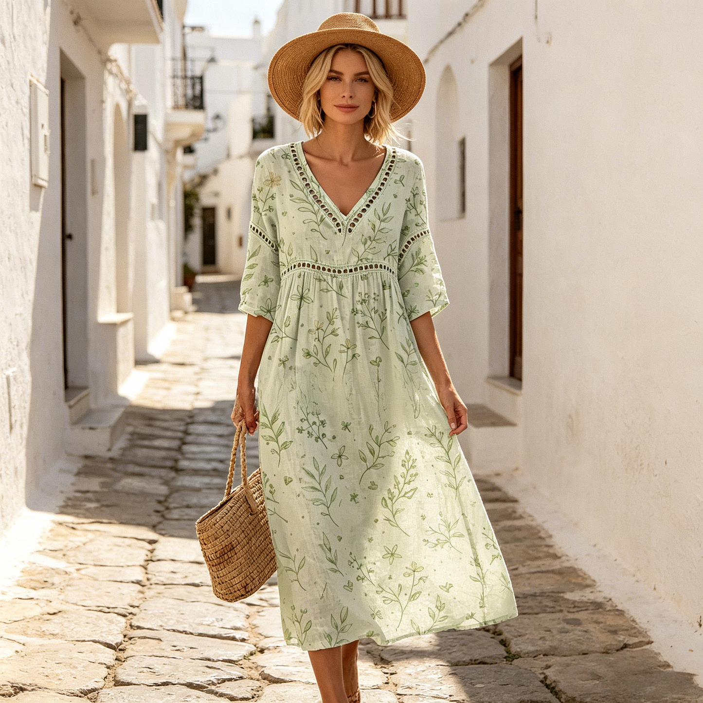 👗【S-3XL】Długa sukienka z bawełny i lnu z kwiatowym nadrukiem, letni styl, dekolt w serek, wyraźna talia, luźna i przewiewna, ukrywa niedoskonałości i stylizuje sylwetkę.