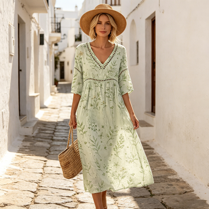 👗【S-3XL】Długa sukienka z bawełny i lnu z kwiatowym nadrukiem, letni styl, dekolt w serek, wyraźna talia, luźna i przewiewna, ukrywa niedoskonałości i stylizuje sylwetkę.