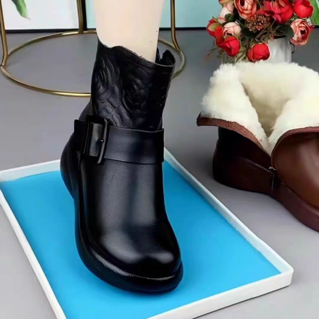 【35-40】Nowe buty zimowe z grubą podeszwą i okrągłymi noskami z prawdziwej skóry 3842552