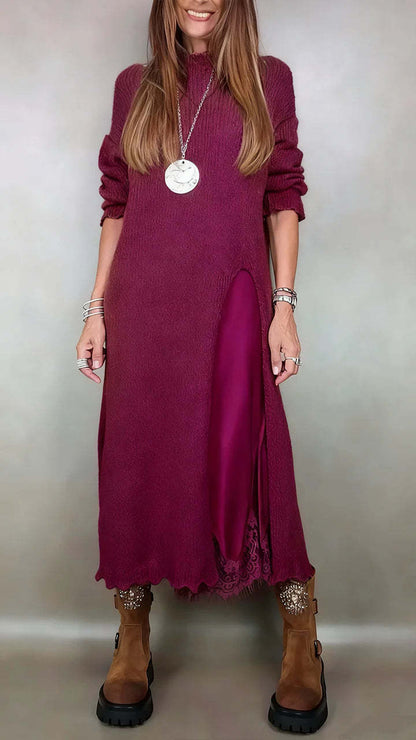 【XS-3XL】👗Nov čipkast komplet, z razporki, pulover dizajn, dvodelni komplet obleke in puloverja s trakovi in razporkom